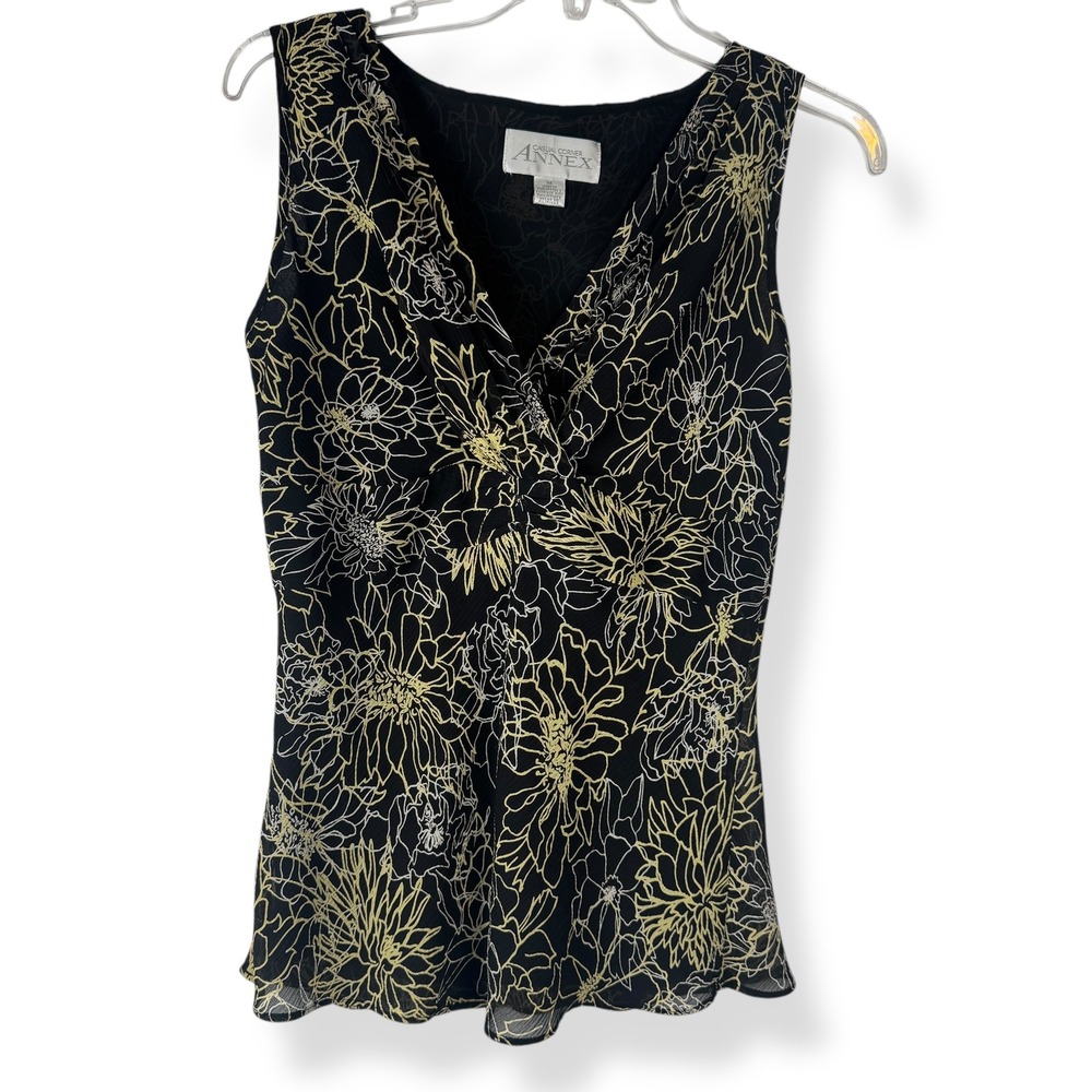 Casual Corner Black and Gold Floral Blouse